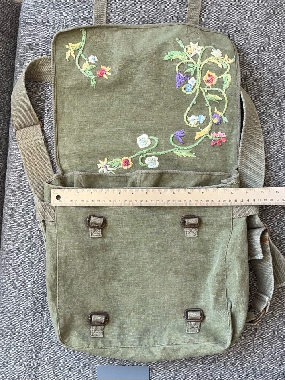 Ralph Lauren Rugby Embroidered Floral Green Canvas Crossbody Messenger Bag - Picture 13 of 15